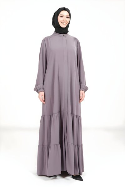 Lila Tarsus İki Katlı Büzgülü Seyyar Kemerli Ferace