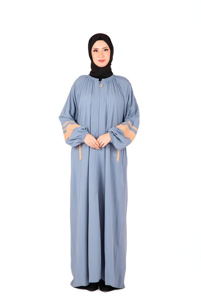 Mavi İznik Kolları Lastikli Fermuar Detaylı Ferace