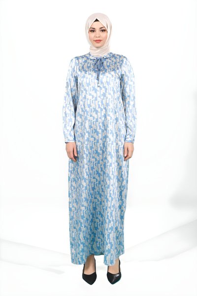 Mavi Kareli Saten İpli Yakalı Tesettür Abiye Elbise