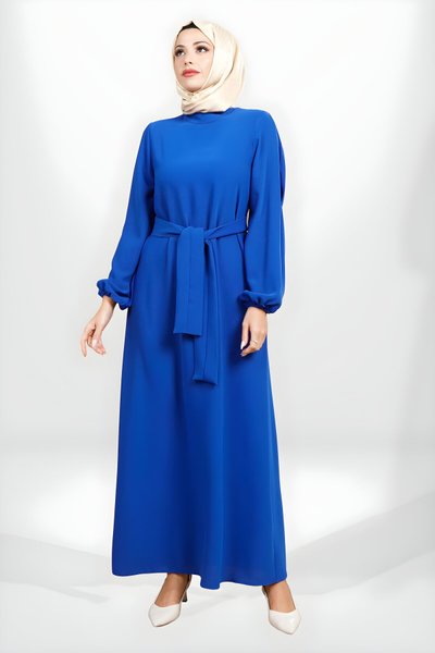 Mavi Kuşaklı Pilikaşe Kol Detaylı Tesettür Elbise
