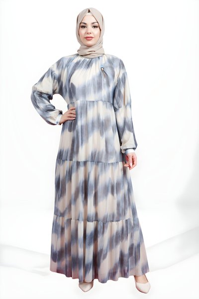 Mavi Tül Katlı Tesettür Elbise