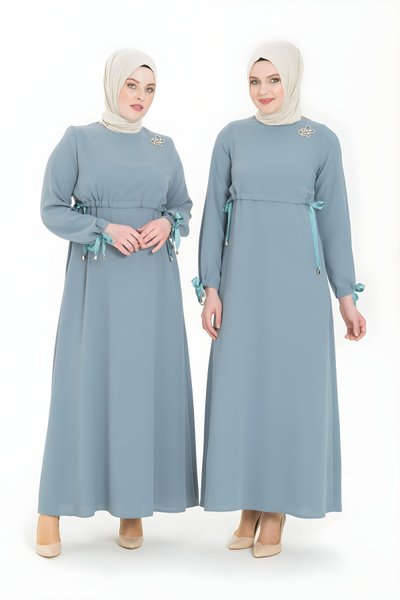 Mint Yeşil Kalem Spor Grogen Kol Detaylı Tesettür Elbise