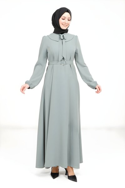 Mint Yeşil Yakası Kurdele ve Kuşak Detaylı Tesettür Elbise