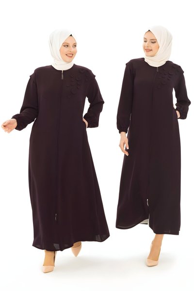 Mürdüm Düğme Aksesuarlı Kol Detaylı Ferace