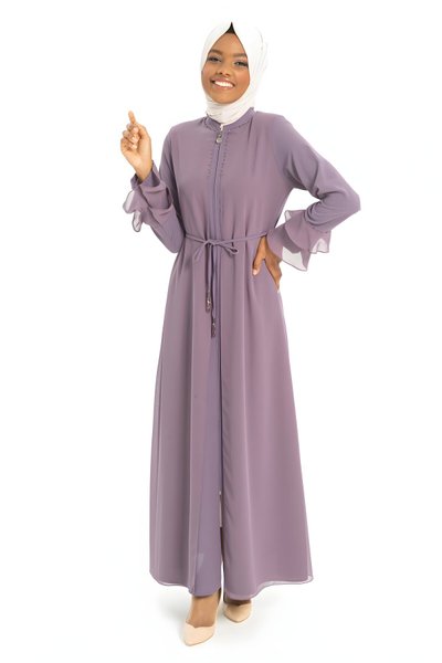 Mürdüm Şifon Volan Kol Taş İşlemeli Ferace