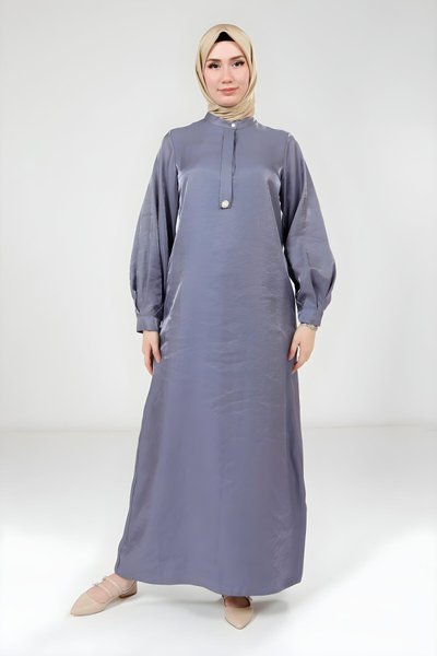 Parlak Kumaş Taş Broşlu Tesettür Abiye Elbise