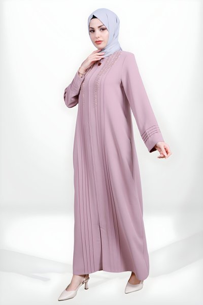 Pembe Nervürlü Fermuarlı Taş İşlemeli Ferace