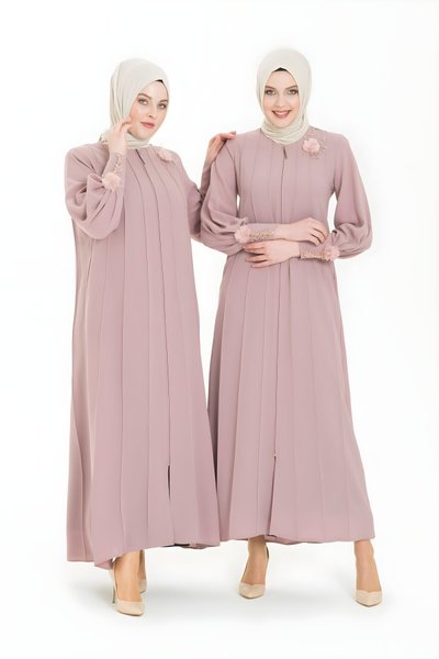 Pin-tucked Stylishly Accessorized Abaya - Pink