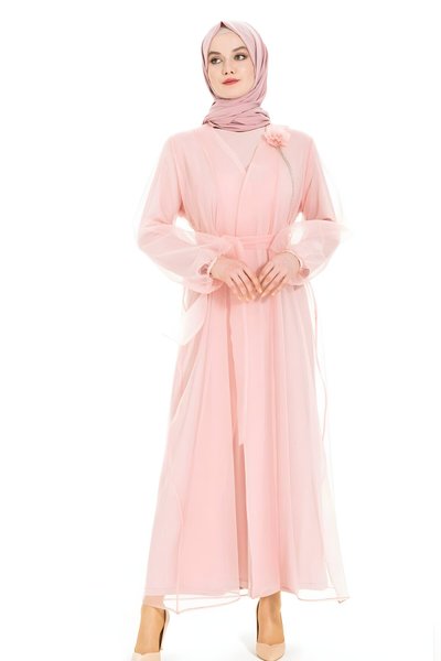 Pembe Organze Kuşaklı Abaya Takım