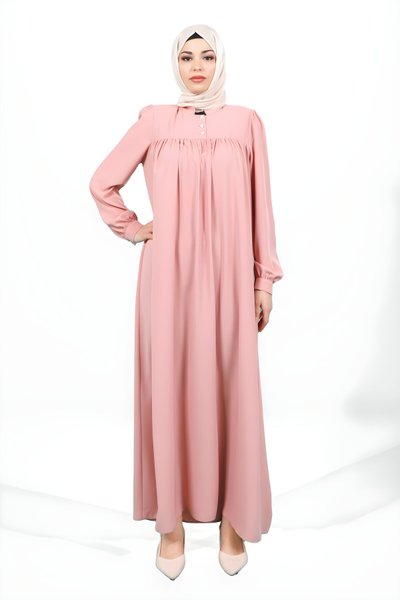 Pembe Robadan Kesim Manşeti Düğmeli Tesettür Elbise