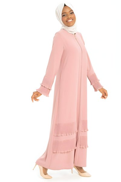 Pembe Şifon Piliseli Fermuar Detaylı Ferace