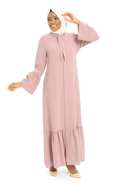 Pembe Yakası Bağcıklı Taş İşlemeli Ferace