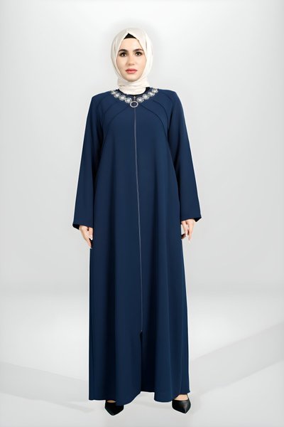 Petrol Nervürlü Fermuarlı Taş Detaylı Ferace