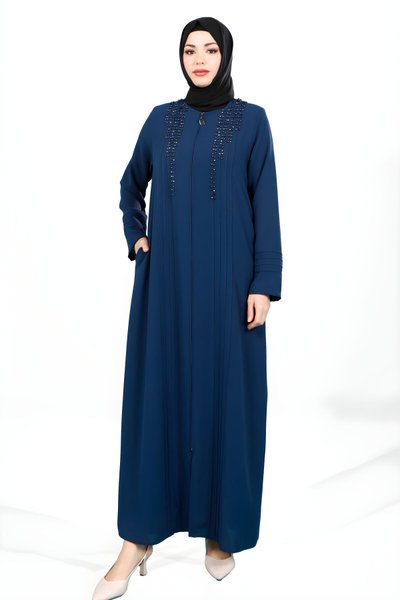 Petrol Nervürlü Fermuarlı Taş İşlemeli Ferace