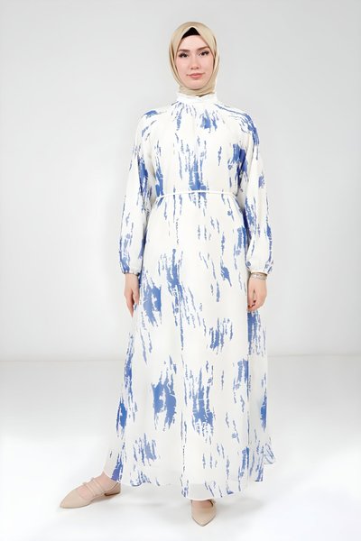 Saks Mavisi Baskılı Beyaz Tesettür Elbise