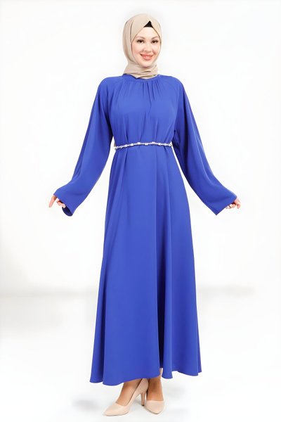 Saks Mavisi Taş Kemer Detaylı Tesettür Elbise