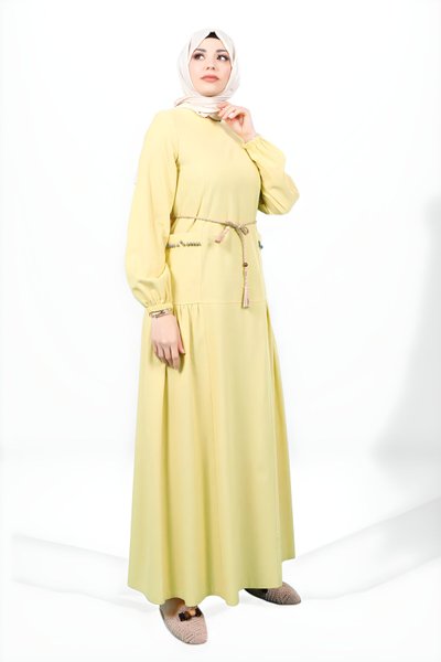 Sarı Bisiklet Yaka Cebi Taşlı Seyyar İp Kemerli Tesettür Elbise