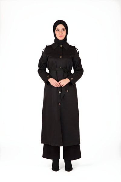 Siyah Apolet Detaylı Ön Düğmeli Trençkot