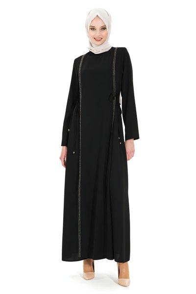 Siyah Aydan Taş Şeritli Tesettür Abiye Elbise