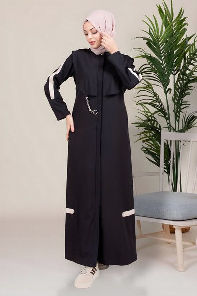 Siyah Bafra Kapüşonlu Zincir Detaylı Ferace