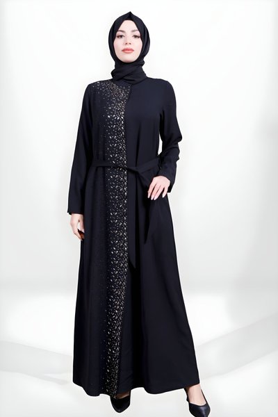 Siyah Beli Kuşaklı Taş İşlemeli Tesettür Abiye Elbise