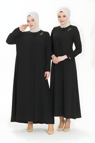 Siyah Boncuk İşlemeli Nervür Detaylı Ferace