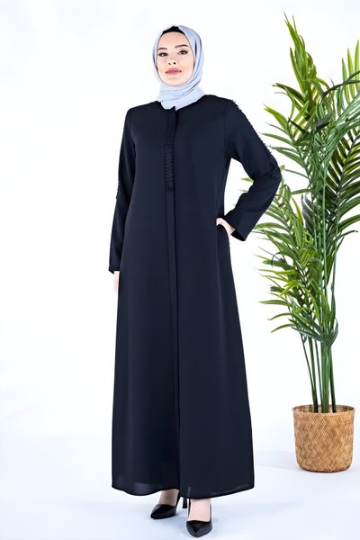 Siyah Boncuklu Berat Patı Şerit Detaylı Ferace