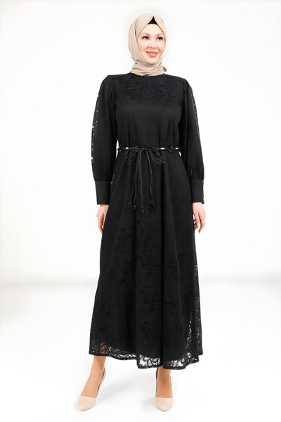 Siyah Dantel Detaylı Tesettür Elbise
