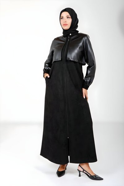 Siyah Deri Ve Süet Fermuarlı Ferace