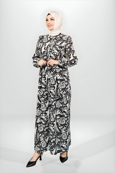 Siyah Desenli Kuşaklı Gömlek Elbise