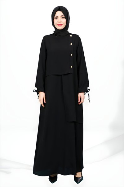 Siyah Düğme Detaylı Kolu Bağlamalı Tesettür Elbise