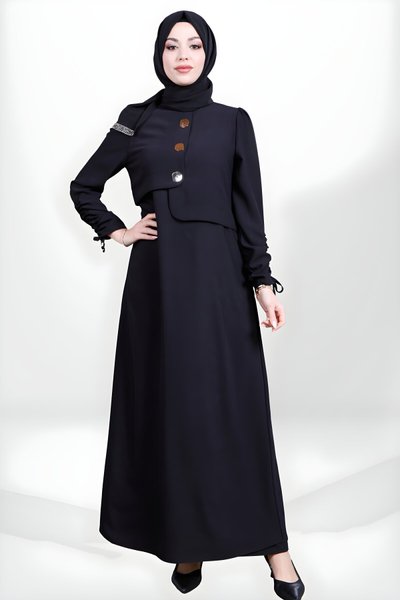 Siyah Düğme Detaylı Kolu Büzgülü Tesettür Elbise