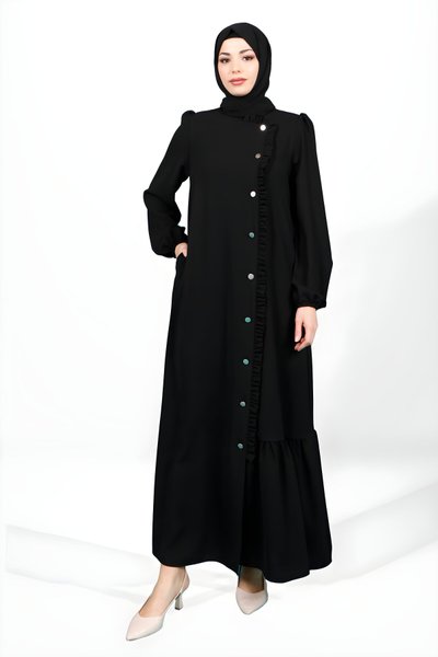 Siyah Düğmeli Fırfır Detaylı Kolu Lastikli Ferace