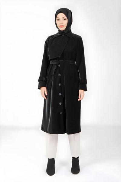 Siyah Düğmeli Kuşaklı Trençkot
