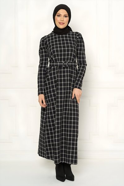 Siyah Ekose Desenli Kışlık Tesettür Elbise