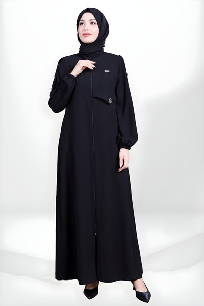 Siyah Fermuarlı Apoletli Kolu Lastikli Ferace