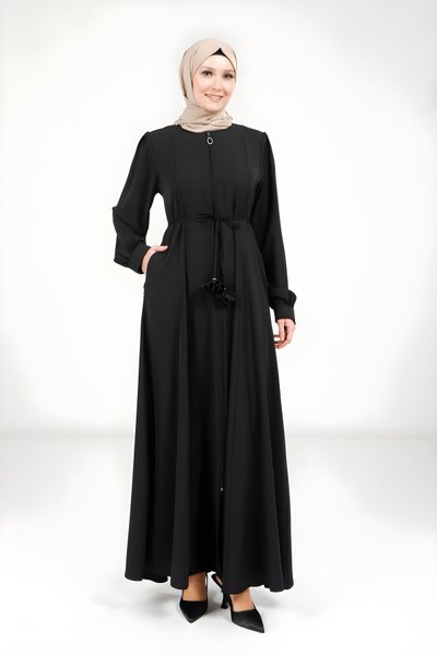 Siyah Fermuarlı Bağlama Detaylı Ferace
