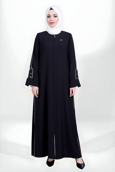 Siyah Fermuarlı Biye Düğme Detaylı Ferace