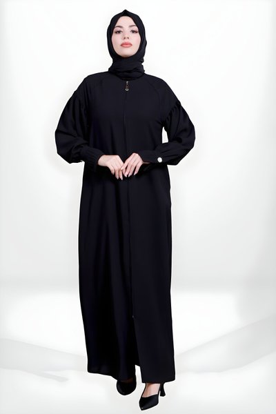 Siyah Fermuarlı Nervürlü Manşet Detaylı Ferace