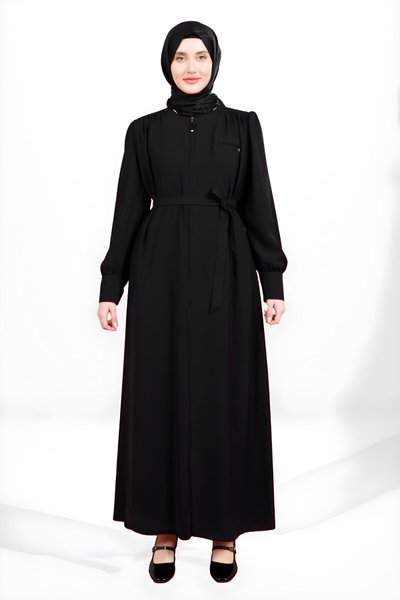 Siyah Fermuarlı Seyyar Kuşaklı Cep Detaylı Ferace