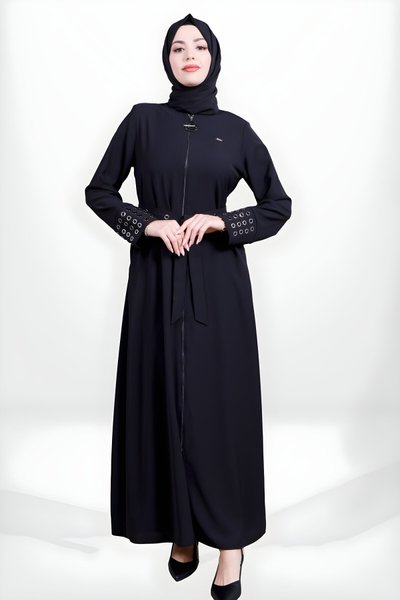 Siyah Fermuarlı Seyyar Kuşaklı Ferace