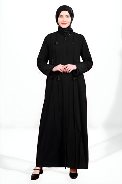 Siyah Fermuarlı Taş Aksesuarlı Yandan Cepli Ferace