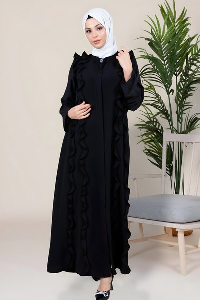 Siyah İdil Volan Detaylı Dantel Kollu Ferace