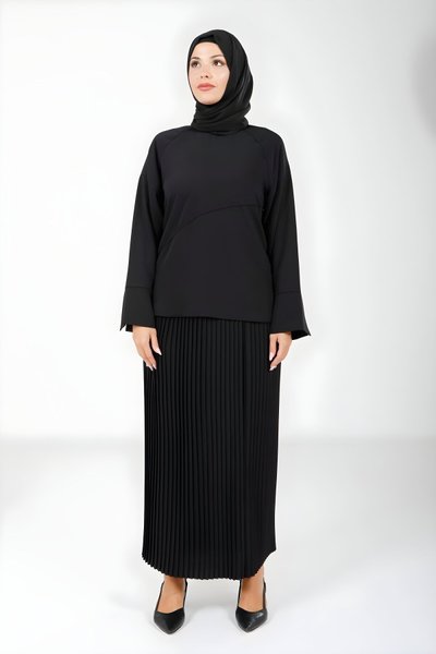 Siyah İkili Eteği Pliseli Bluz Etek Tesettür Takım