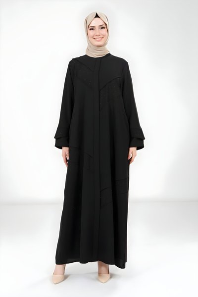 Siyah İnce Taş Detaylı Ferace