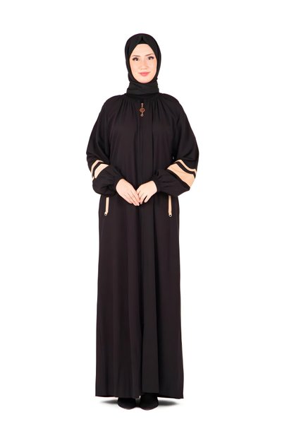 Siyah İznik Lastik Kollu Fermuar Detaylı Ferace