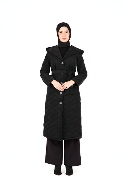 Siyah Kapitone Kemerli Tesettür Kaban