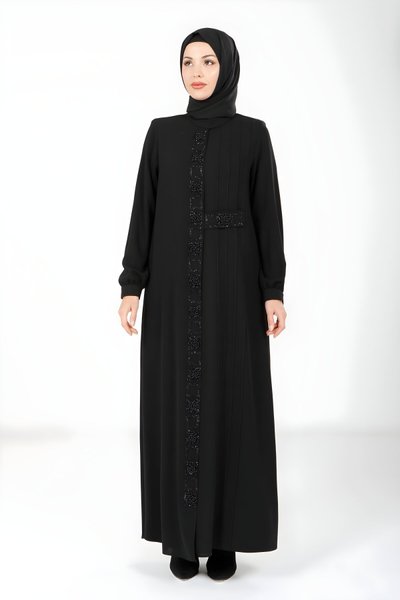 Siyah Kare Taşlı Tesettür Elbise