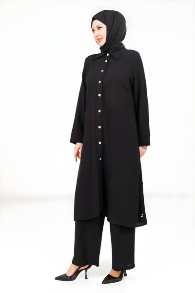 Siyah Keten Alt Üst Tesettür Takım