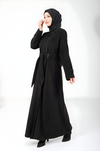 Siyah Kışlık Moscova Kemerli Tesettür Kaban